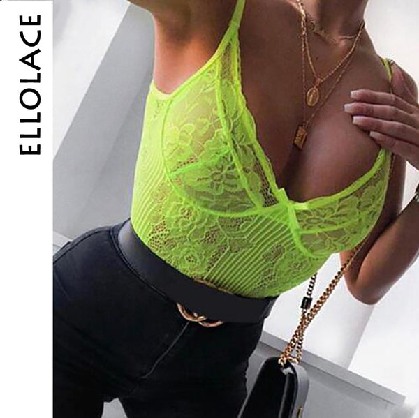 Ellolace Neon Summer 21 Colors Lace Bodysuit Women Floral Embroidery Bow Tie Transparent  Bodysuit Jumpsuit