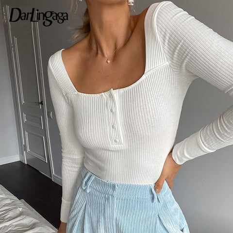 Darlingaga Square Neck Ribbed Knitted Long Sleeve Bodysuit Women Autumn Winter Body Skinny Basic Buttons Bodysuits Casual Romper