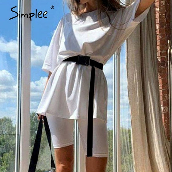 Simplee Casual Solid Outfits Women's Two Piece Suit with Belt Home Loose Sports Tracksuits Fashion Bicycle Summer Hot Suit