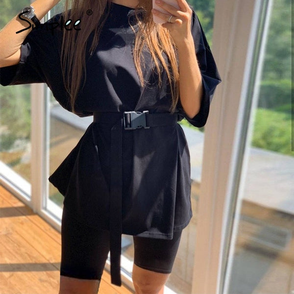 Simplee Casual Solid Outfits Women's Two Piece Suit with Belt Home Loose Sports Tracksuits Fashion Bicycle Summer Hot Suit