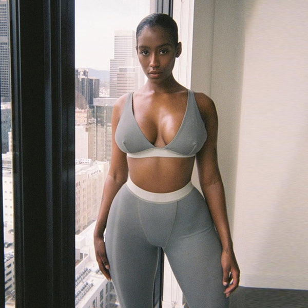 Dulzura Ribbed Women 2 Pieces V Neck Bra Leggings Set Crop Top Matching Co Ords  Autumn Winter Clothes Sporty Tracksuit Club