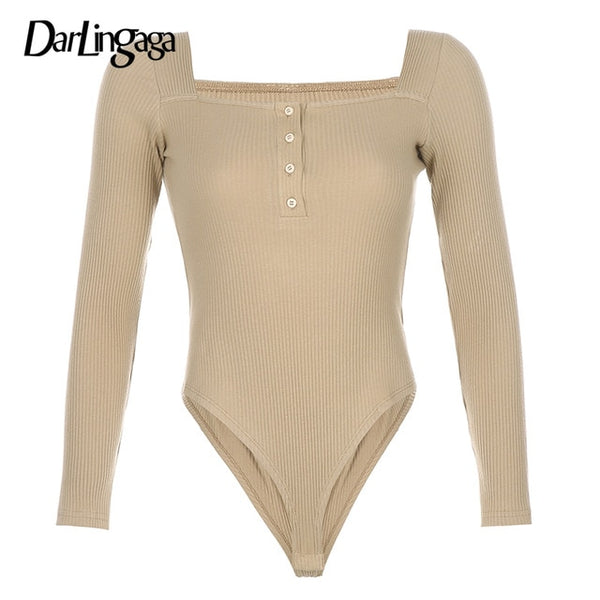 Darlingaga Square Neck Ribbed Knitted Long Sleeve Bodysuit Women Autumn Winter Body Skinny Basic Buttons Bodysuits Casual Romper