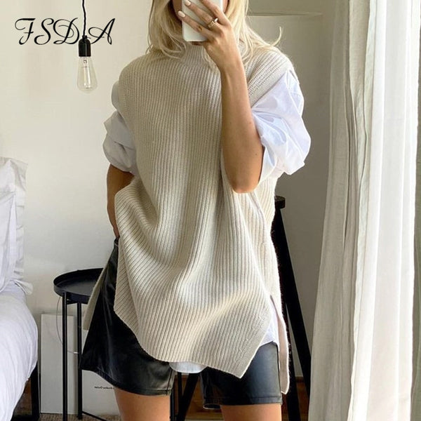 FSDA Black Beige Sleeveless Vest Long Loose Split O Neck Knitted Women Sweater Autumn Winter Casual Oversized Pullover