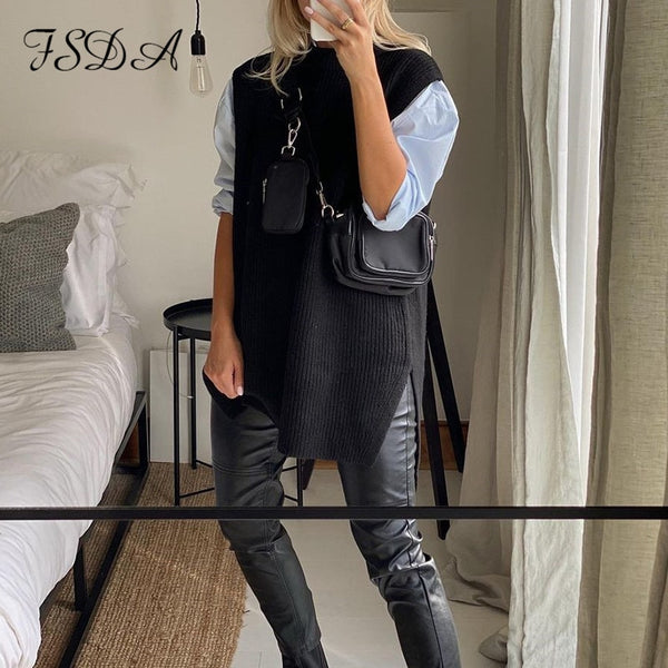 FSDA Black Beige Sleeveless Vest Long Loose Split O Neck Knitted Women Sweater Autumn Winter Casual Oversized Pullover