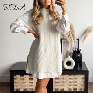 FSDA Black Beige Sleeveless Vest Long Loose Split O Neck Knitted Women Sweater Autumn Winter Casual Oversized Pullover