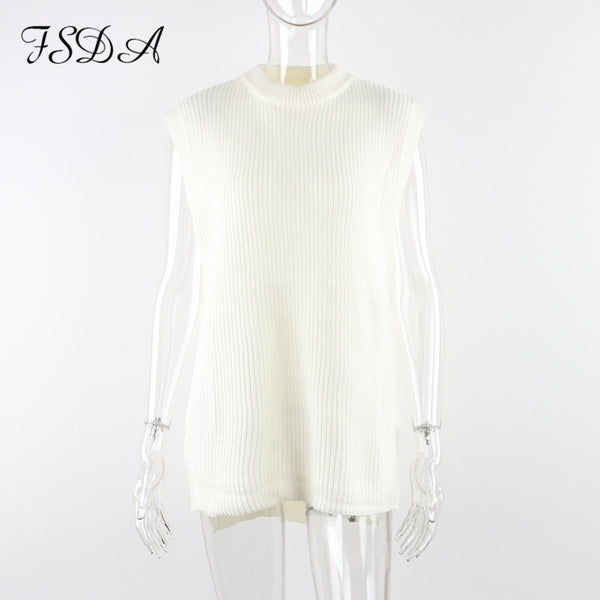 FSDA Black Beige Sleeveless Vest Long Loose Split O Neck Knitted Women Sweater Autumn Winter Casual Oversized Pullover