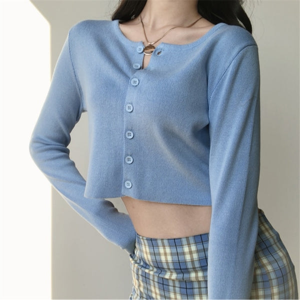 Korean Style O-neck Short Knitted Sweaters Women Thin Cardigan Fashion  Sleeve Sun Protection Crop Top Ropa Mujer