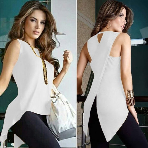 Sleeveless O Neck Tops Casual Slim Fit Irregular Patchwork Solid Blouse Plus Size