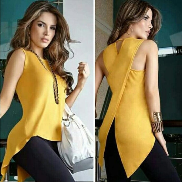 Sleeveless O Neck Tops Casual Slim Fit Irregular Patchwork Solid Blouse Plus Size