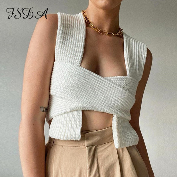 FSDA Sleeveless Knitted Crop Sweater Sexy Autumn Summer Fashion Vest Black Casual White Jumper Top Female Pullover