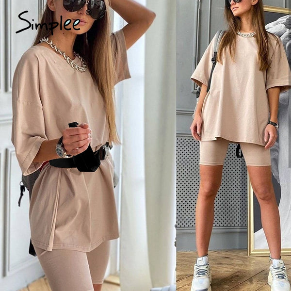 Simplee Casual Solid Outfits Women's Two Piece Suit with Belt Home Loose Sports Tracksuits Fashion Bicycle Summer Hot Suit