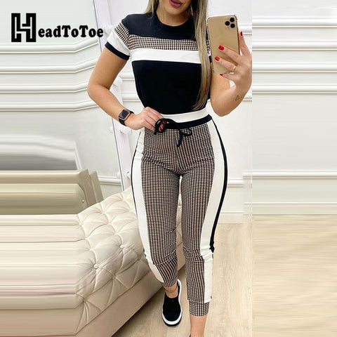 Colorblock Plaid Striped Short Sleeve Tape Top & Drawstring Pants Set Casual Basic Women Two Piece Set