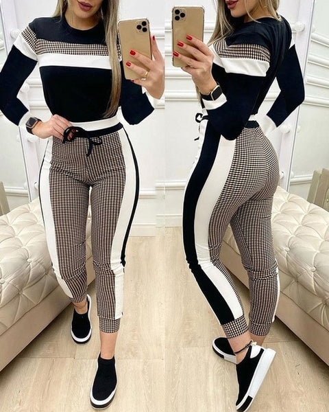 Colorblock Plaid Striped Short Sleeve Tape Top & Drawstring Pants Set Casual Basic Women Two Piece Set