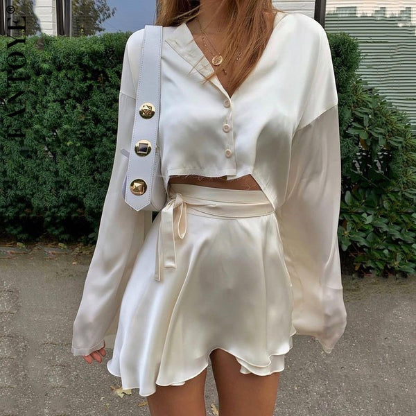 Fantoye Casual Satin Two Piece Dress Set For Women White O-neck Button Top Bandage Mini Pencil Skirts Outfits