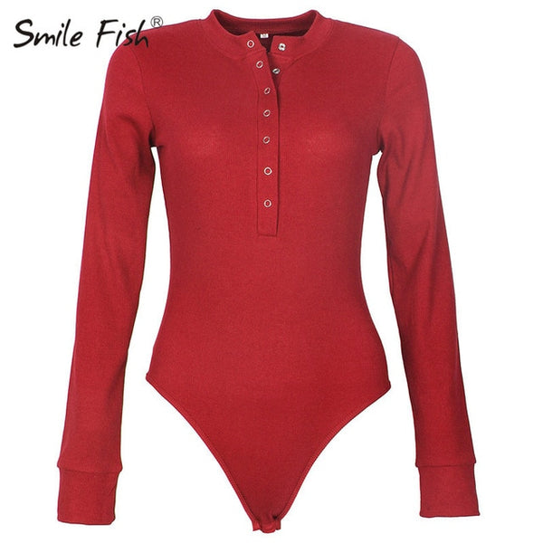 One-Piece Knitted Bodysuits Autumn V-Neck Long Sleeve Body Tops Rompers Casual Buttons Bodysuit