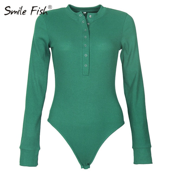 One-Piece Knitted Bodysuits Autumn V-Neck Long Sleeve Body Tops Rompers Casual Buttons Bodysuit