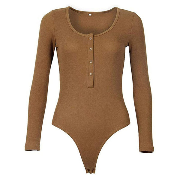 One-Piece Knitted Bodysuits Autumn V-Neck Long Sleeve Body Tops Rompers Casual Buttons Bodysuit