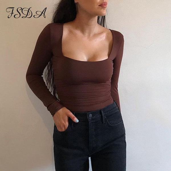 FSDA Long Sleeve Knitted Skinny Bodysuit Women Winter Autumn Winter Solid Square Collar White Black Casual Body Top Jumpsuit