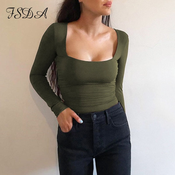 FSDA Long Sleeve Knitted Skinny Bodysuit Women Winter Autumn Winter Solid Square Collar White Black Casual Body Top Jumpsuit