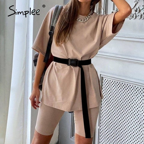 Simplee Casual Solid Outfits Women's Two Piece Suit with Belt Home Loose Sports Tracksuits Fashion Bicycle Summer Hot Suit