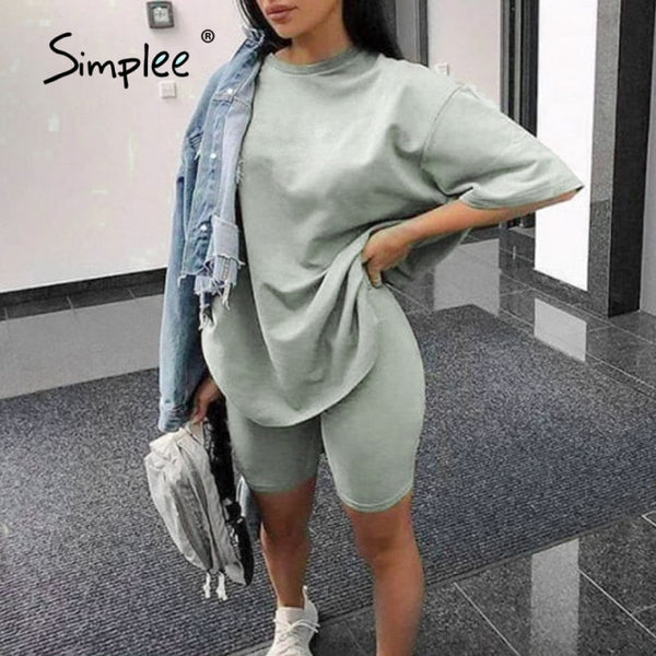 Simplee Casual Solid Outfits Women's Two Piece Suit with Belt Home Loose Sports Tracksuits Fashion Bicycle Summer Hot Suit