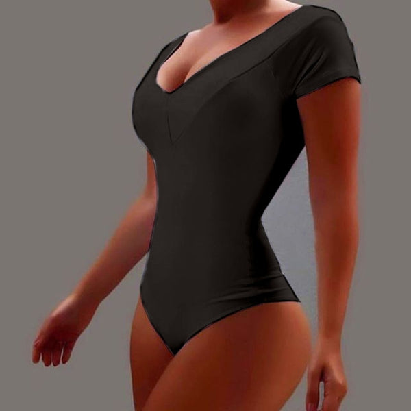 Summer Casual Short Sleeve V-neck Plus Size Jumpsuit Women's Solid Color Sexy Lingerie Bodysuits Simple Ladies Rompers