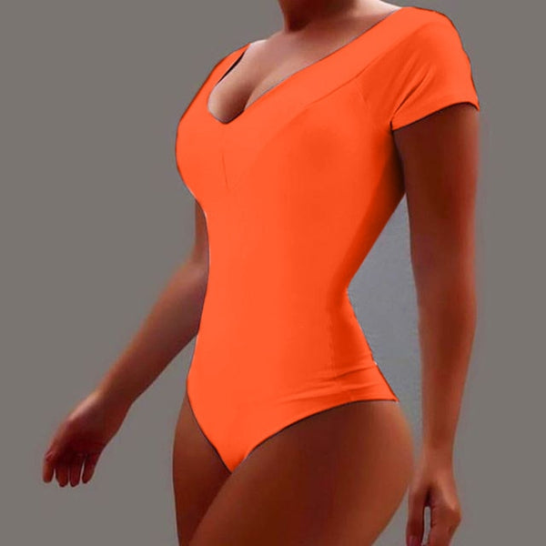 Summer Casual Short Sleeve V-neck Plus Size Jumpsuit Women's Solid Color Sexy Lingerie Bodysuits Simple Ladies Rompers