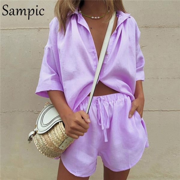 Sampic Summer Tracksuit Women  Lounge Wear Shorts Set Short Sleeve Shirt Tops And Loose Mini Shorts Suit Two Piece Set