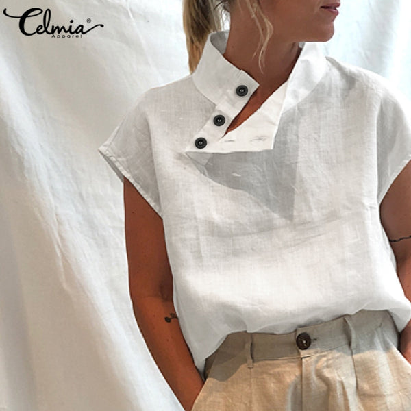 Celmia Stylish Tunic Tops Plus Size Women Short Sleeve Summer Blouses Buttons Solid Cotton Linen Tops Casual Loose Blusas Femme