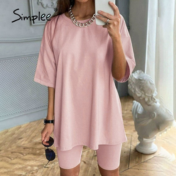 Simplee Casual Solid Outfits Women's Two Piece Suit with Belt Home Loose Sports Tracksuits Fashion Bicycle Summer Hot Suit