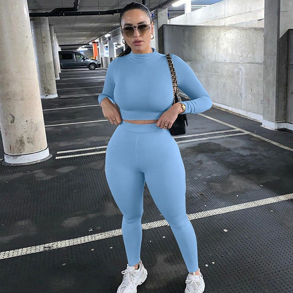 Summer Women Sport Fitness 2 Two Piece Set Outfits Long Sleeve Crop Tops Tshirt Leggings Pants Set Bodycon Tracksuit