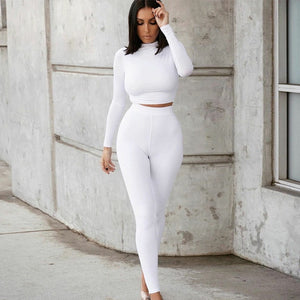 Summer Women Sport Fitness 2 Two Piece Set Outfits Long Sleeve Crop Tops Tshirt Leggings Pants Set Bodycon Tracksuit