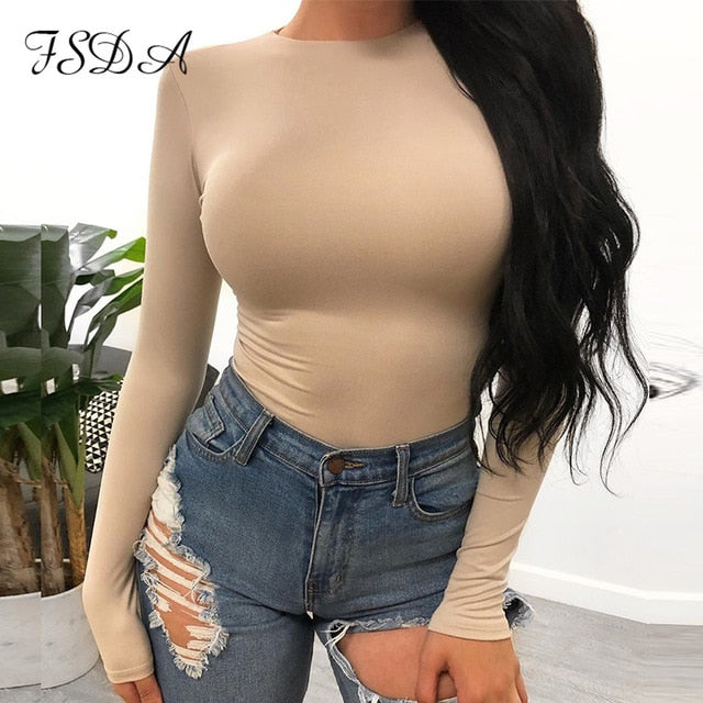 FSDA Long Sleeve Black Bodysuit O Neck Casual Spring Winter White Body Top Sexy Women Bodysuits Streetwear