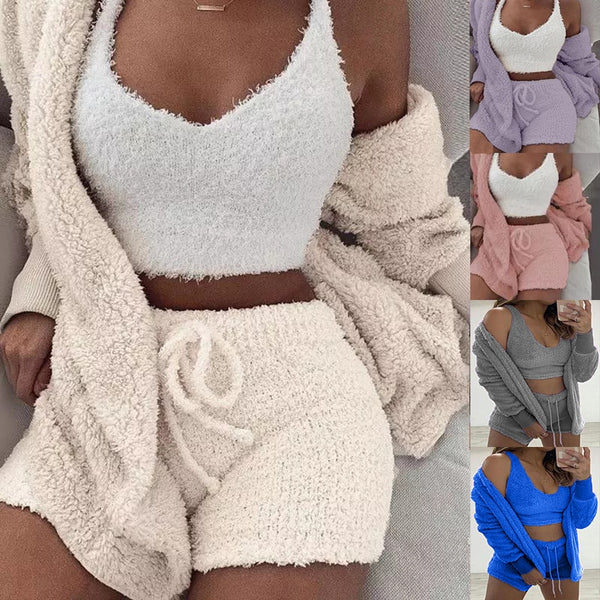 Three Piece Fluffy Outfits Plush Velvet Hooded Cardigan Coat+Shorts+Crop Top Women Tracksuit Sets Casual Sports Sweatshirt