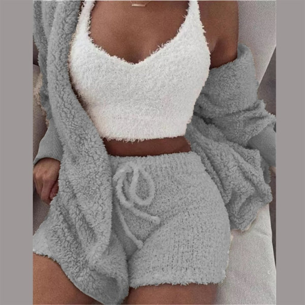 Three Piece Fluffy Outfits Plush Velvet Hooded Cardigan Coat+Shorts+Crop Top Women Tracksuit Sets Casual Sports Sweatshirt