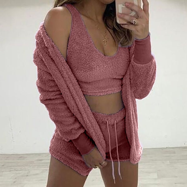 Three Piece Fluffy Outfits Plush Velvet Hooded Cardigan Coat+Shorts+Crop Top Women Tracksuit Sets Casual Sports Sweatshirt