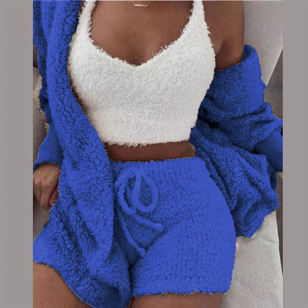 Three Piece Fluffy Outfits Plush Velvet Hooded Cardigan Coat+Shorts+Crop Top Women Tracksuit Sets Casual Sports Sweatshirt