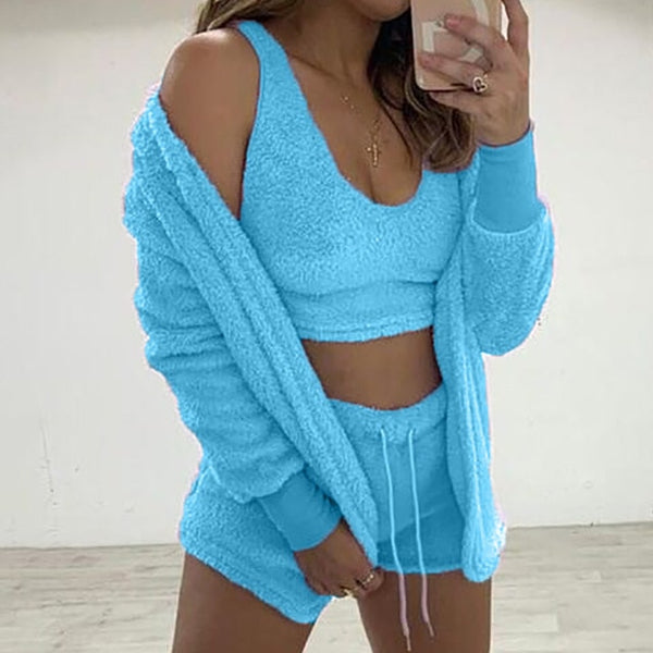 Three Piece Fluffy Outfits Plush Velvet Hooded Cardigan Coat+Shorts+Crop Top Women Tracksuit Sets Casual Sports Sweatshirt