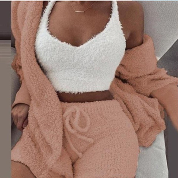 Three Piece Fluffy Outfits Plush Velvet Hooded Cardigan Coat+Shorts+Crop Top Women Tracksuit Sets Casual Sports Sweatshirt