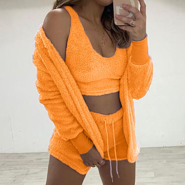 Three Piece Fluffy Outfits Plush Velvet Hooded Cardigan Coat+Shorts+Crop Top Women Tracksuit Sets Casual Sports Sweatshirt