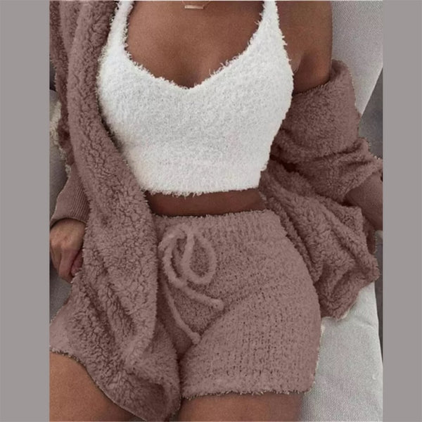 Three Piece Fluffy Outfits Plush Velvet Hooded Cardigan Coat+Shorts+Crop Top Women Tracksuit Sets Casual Sports Sweatshirt