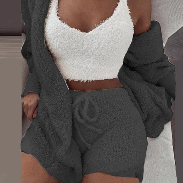 Three Piece Fluffy Outfits Plush Velvet Hooded Cardigan Coat+Shorts+Crop Top Women Tracksuit Sets Casual Sports Sweatshirt