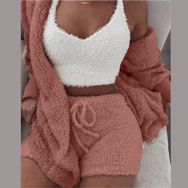 Three Piece Fluffy Outfits Plush Velvet Hooded Cardigan Coat+Shorts+Crop Top Women Tracksuit Sets Casual Sports Sweatshirt