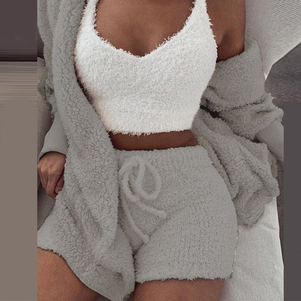 Three Piece Fluffy Outfits Plush Velvet Hooded Cardigan Coat+Shorts+Crop Top Women Tracksuit Sets Casual Sports Sweatshirt