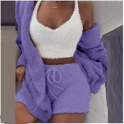 Three Piece Fluffy Outfits Plush Velvet Hooded Cardigan Coat+Shorts+Crop Top Women Tracksuit Sets Casual Sports Sweatshirt