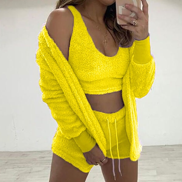 Three Piece Fluffy Outfits Plush Velvet Hooded Cardigan Coat+Shorts+Crop Top Women Tracksuit Sets Casual Sports Sweatshirt