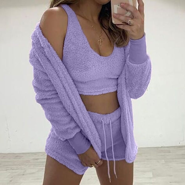 Three Piece Fluffy Outfits Plush Velvet Hooded Cardigan Coat+Shorts+Crop Top Women Tracksuit Sets Casual Sports Sweatshirt