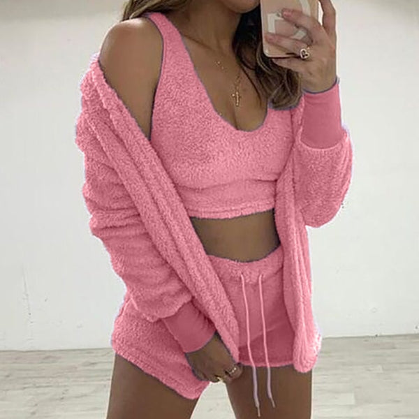 Three Piece Fluffy Outfits Plush Velvet Hooded Cardigan Coat+Shorts+Crop Top Women Tracksuit Sets Casual Sports Sweatshirt