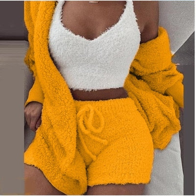 Three Piece Fluffy Outfits Plush Velvet Hooded Cardigan Coat+Shorts+Crop Top Women Tracksuit Sets Casual Sports Sweatshirt