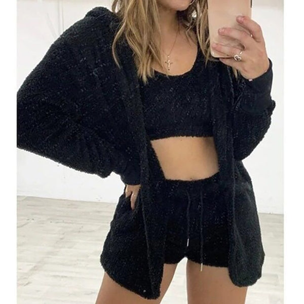 Three Piece Fluffy Outfits Plush Velvet Hooded Cardigan Coat+Shorts+Crop Top Women Tracksuit Sets Casual Sports Sweatshirt